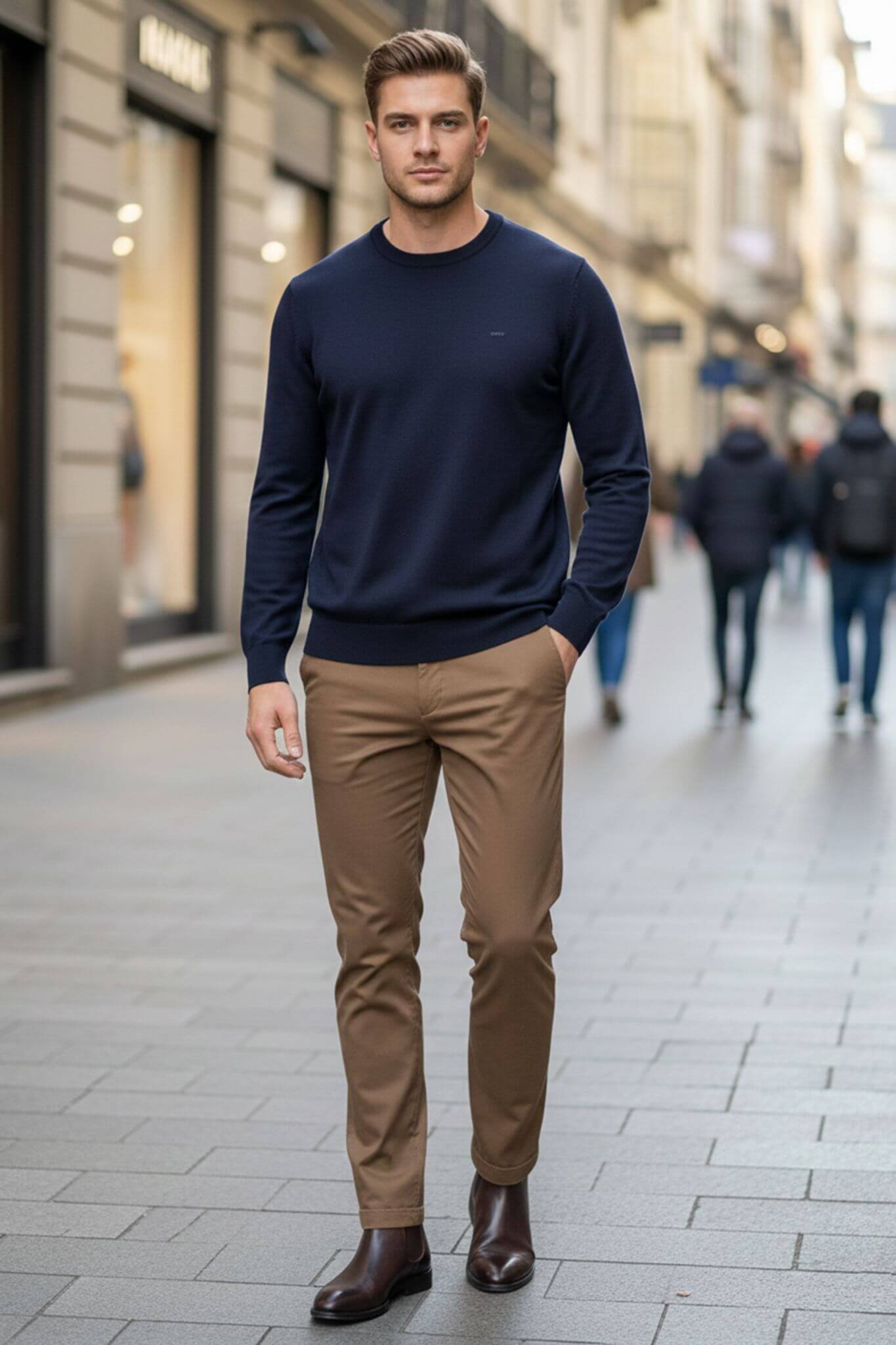 Man wearing a navy sweater and beige pants walking on a city street.