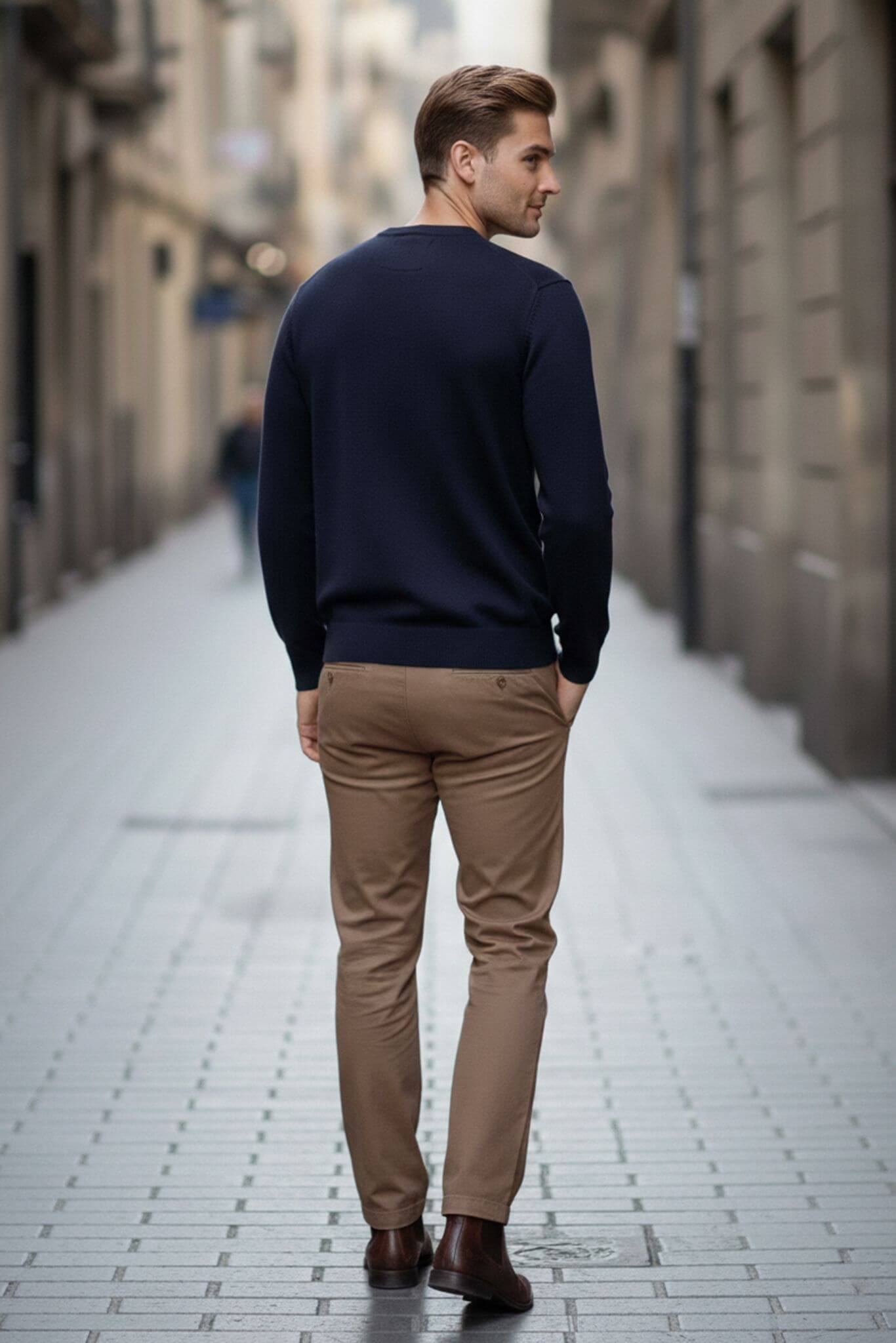 Man walking down a city street wearing a navy sweater and beige pants.