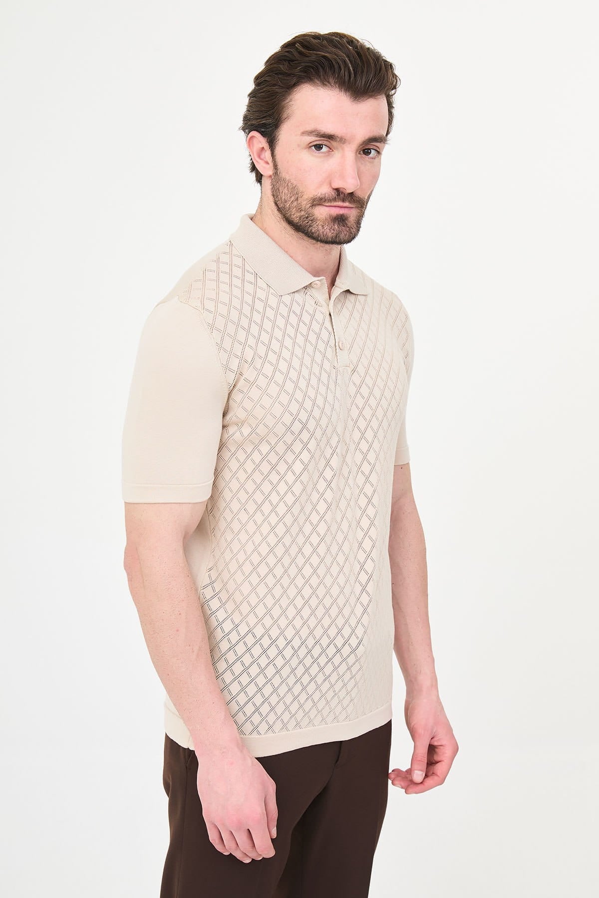 Men’s Beige Diamond Textured Polo T-Shirt