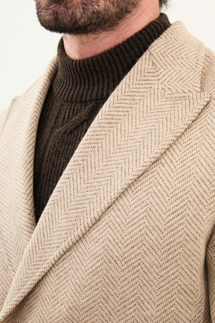 Men’s Beige Herringbone Double-Breasted Slim Fit Coat