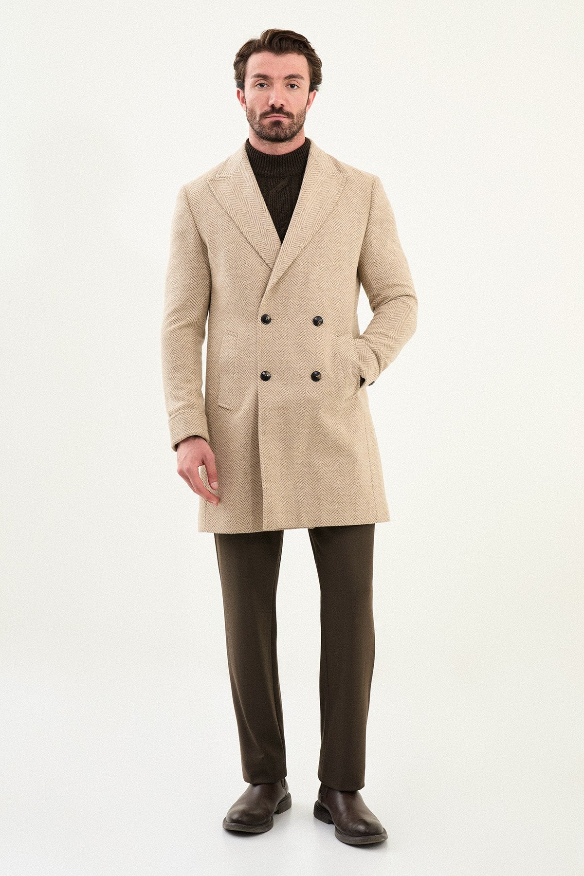 Men’s Beige Herringbone Double-Breasted Slim Fit Coat