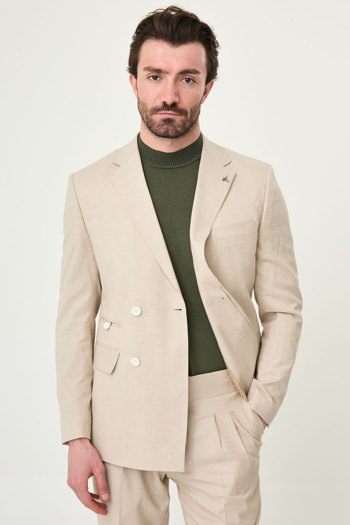 Men’s Beige Linen Blend Notch Lapel Slim Fit Suit