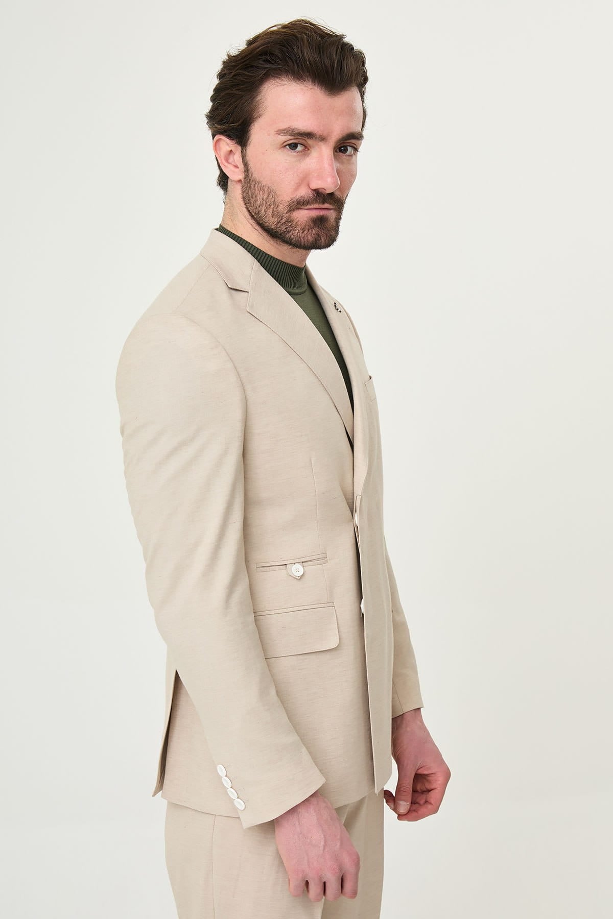 Men’s Beige Linen Blend Notch Lapel Slim Fit Suit