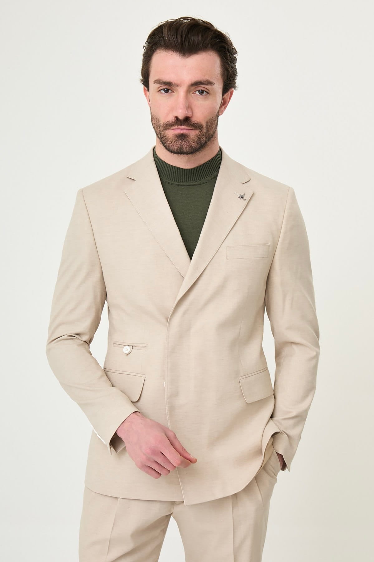 Men’s Beige Linen Blend Notch Lapel Slim Fit Suit