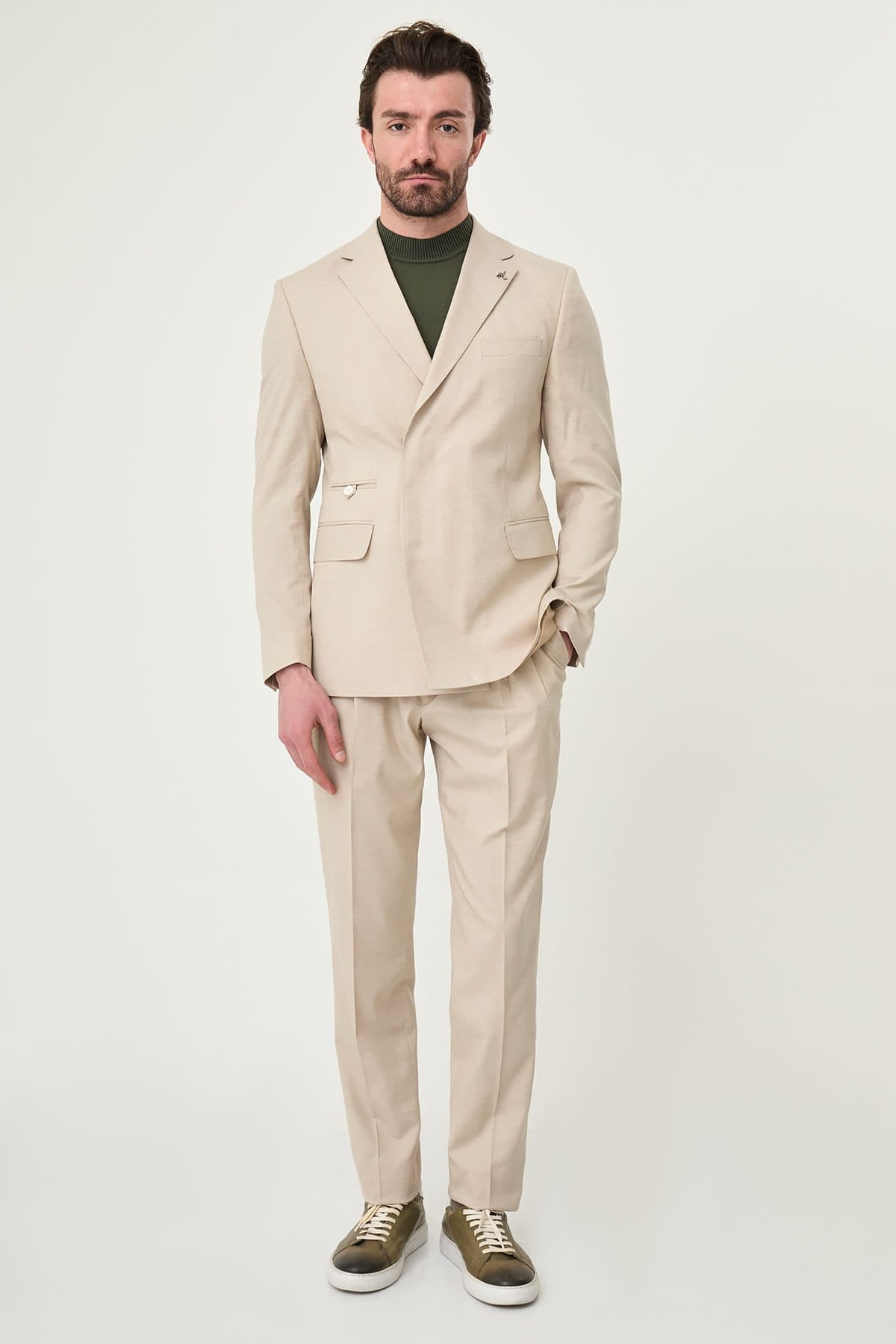 Men’s Beige Linen Blend Notch Lapel Slim Fit Suit