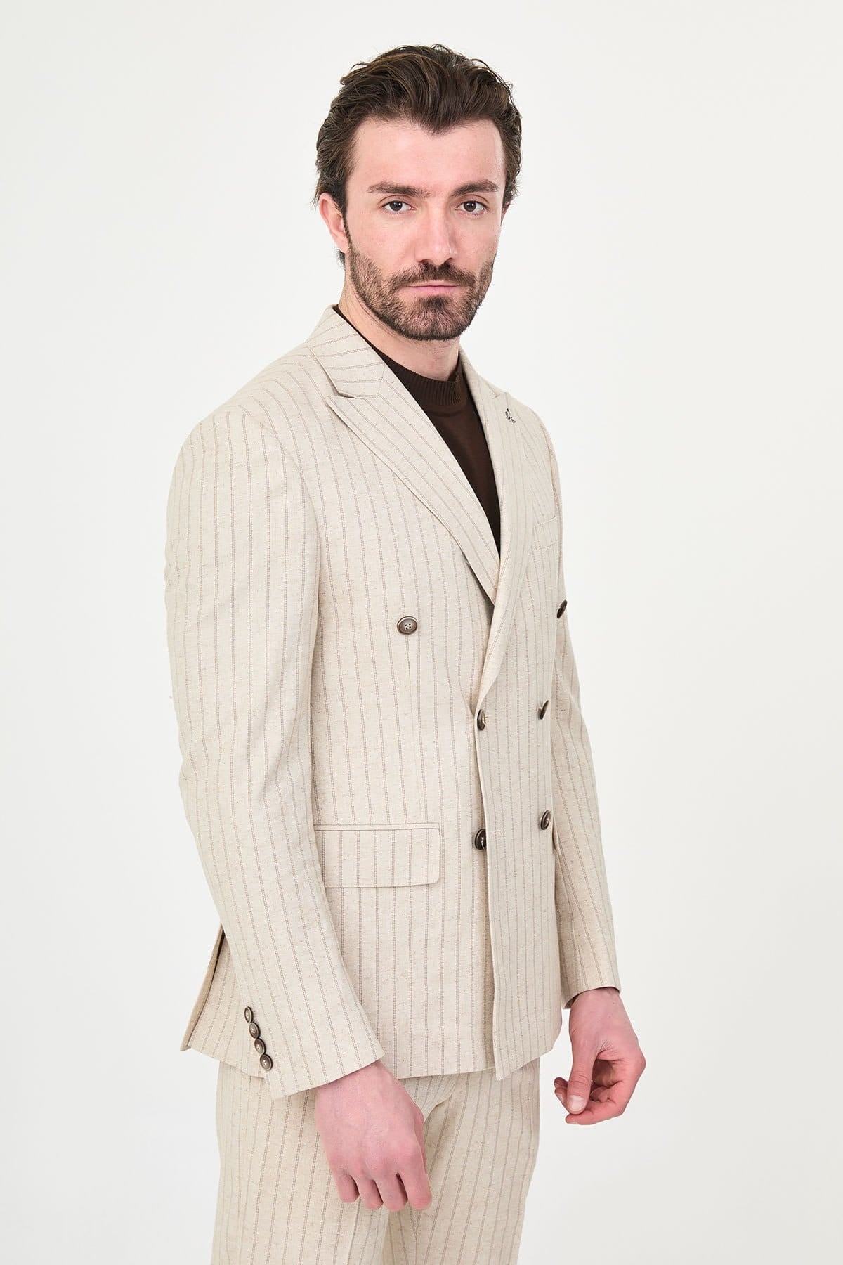 Men’s Beige Pinstripe Slim Fit Suit