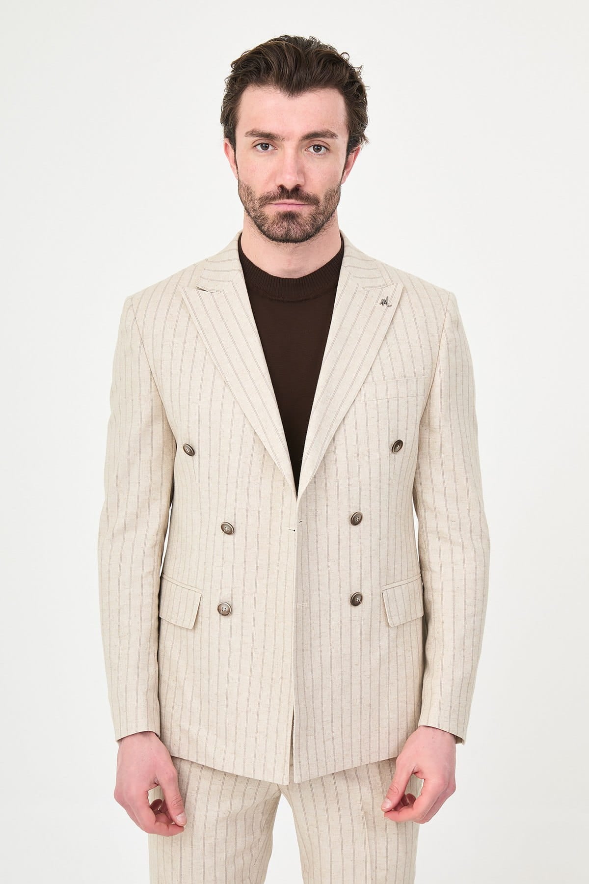 Men’s Beige Pinstripe Slim Fit Suit