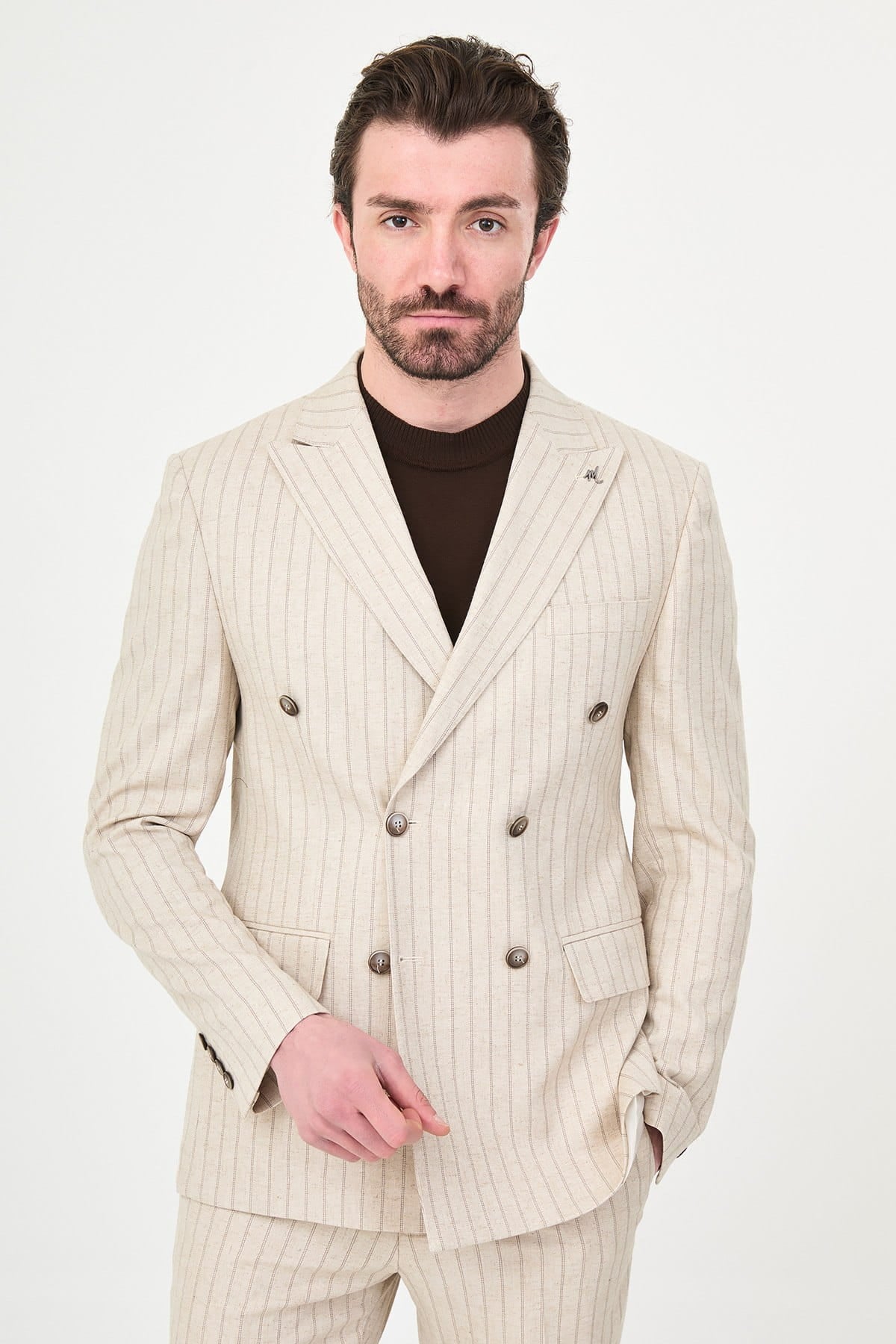 Men’s Beige Pinstripe Slim Fit Suit