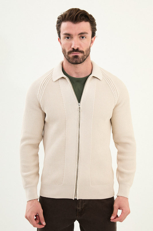 Men’s Beige Ribbed Slim Fit Zip-Up Knitwear Cardigan Sweater