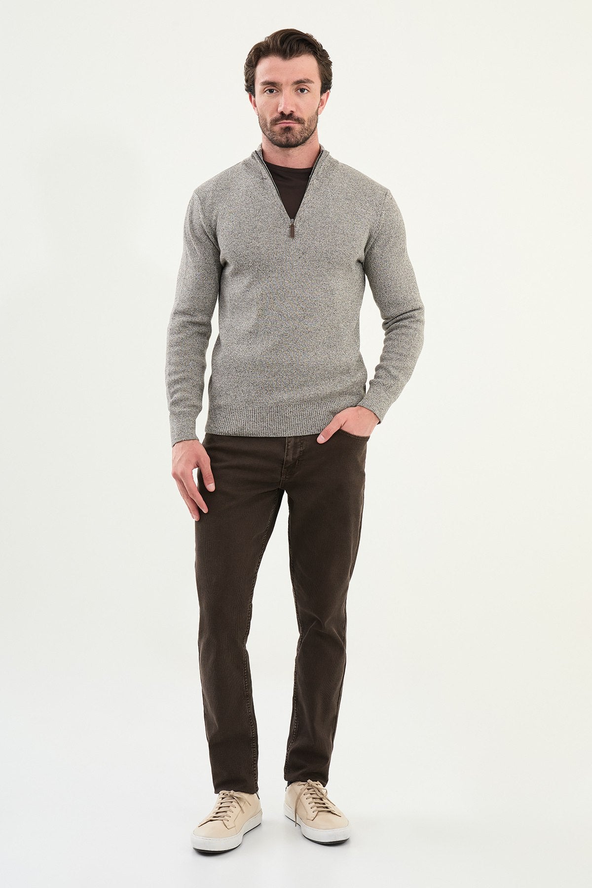 Men’s Beige Slim Fit Half-Zip Knitwear Sweater