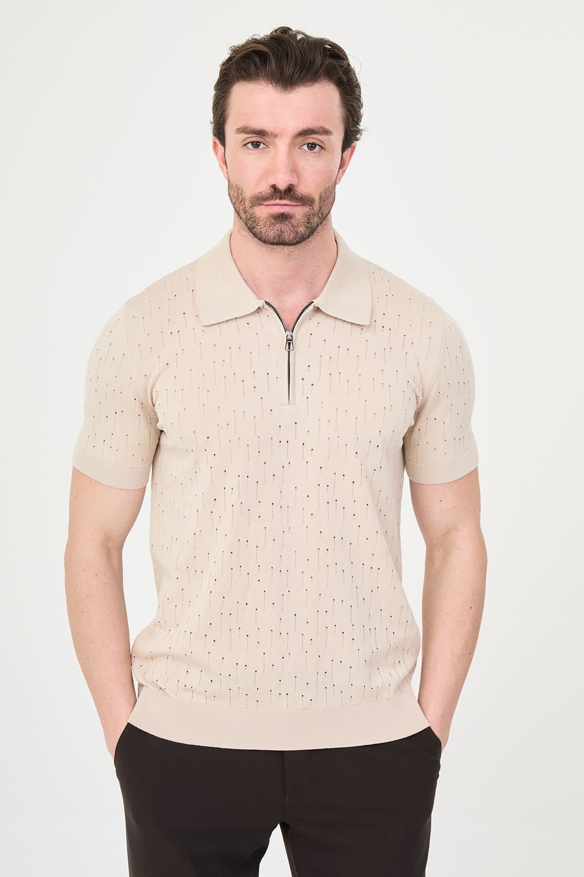 Men’s Beige Textured Zip Polo T-Shirt