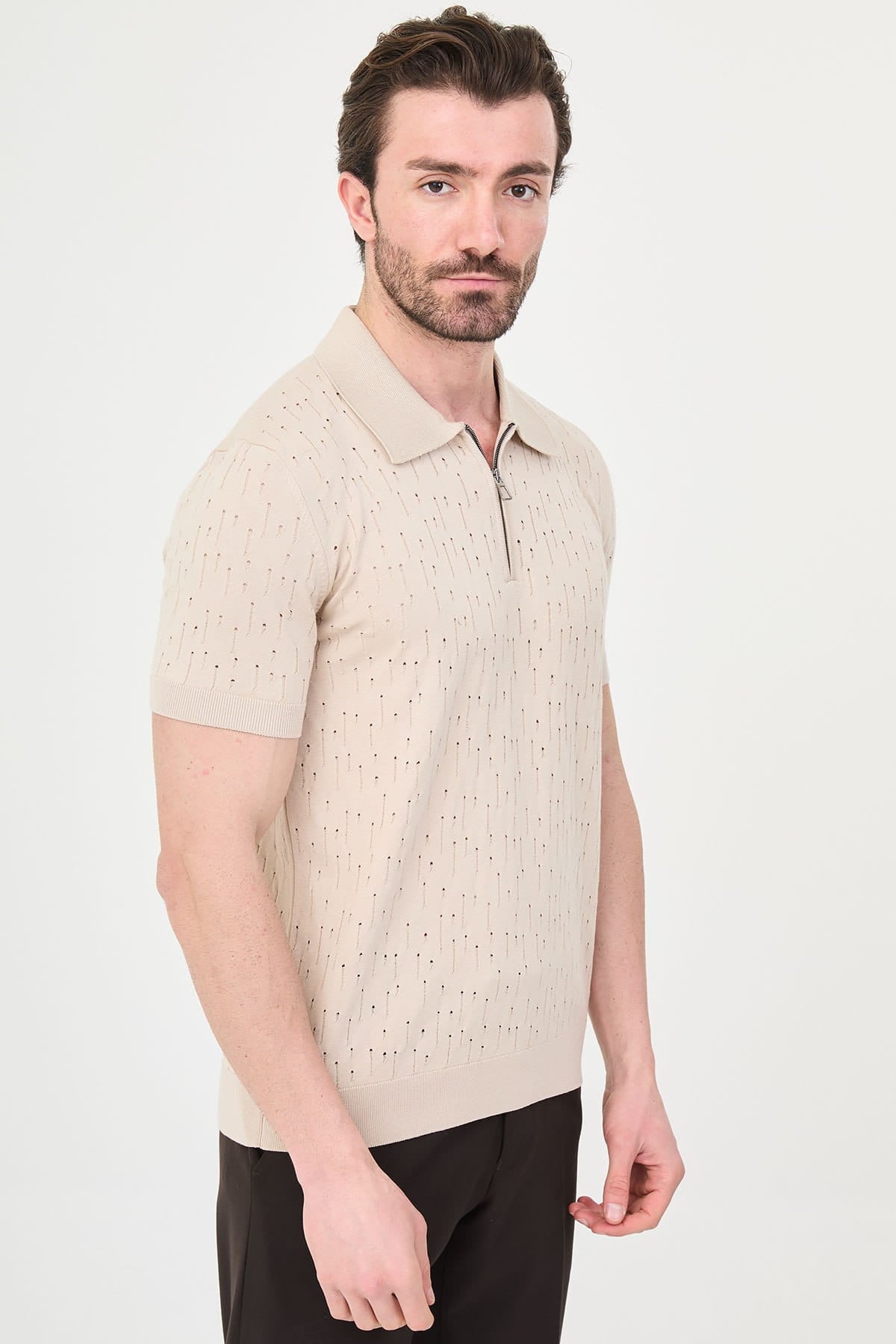 Men’s Beige Textured Zip Polo T-Shirt