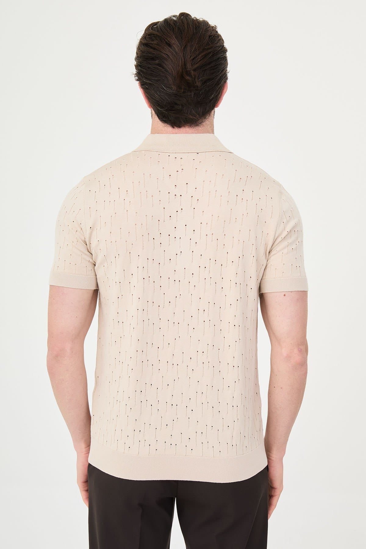 Men’s Beige Textured Zip Polo T-Shirt