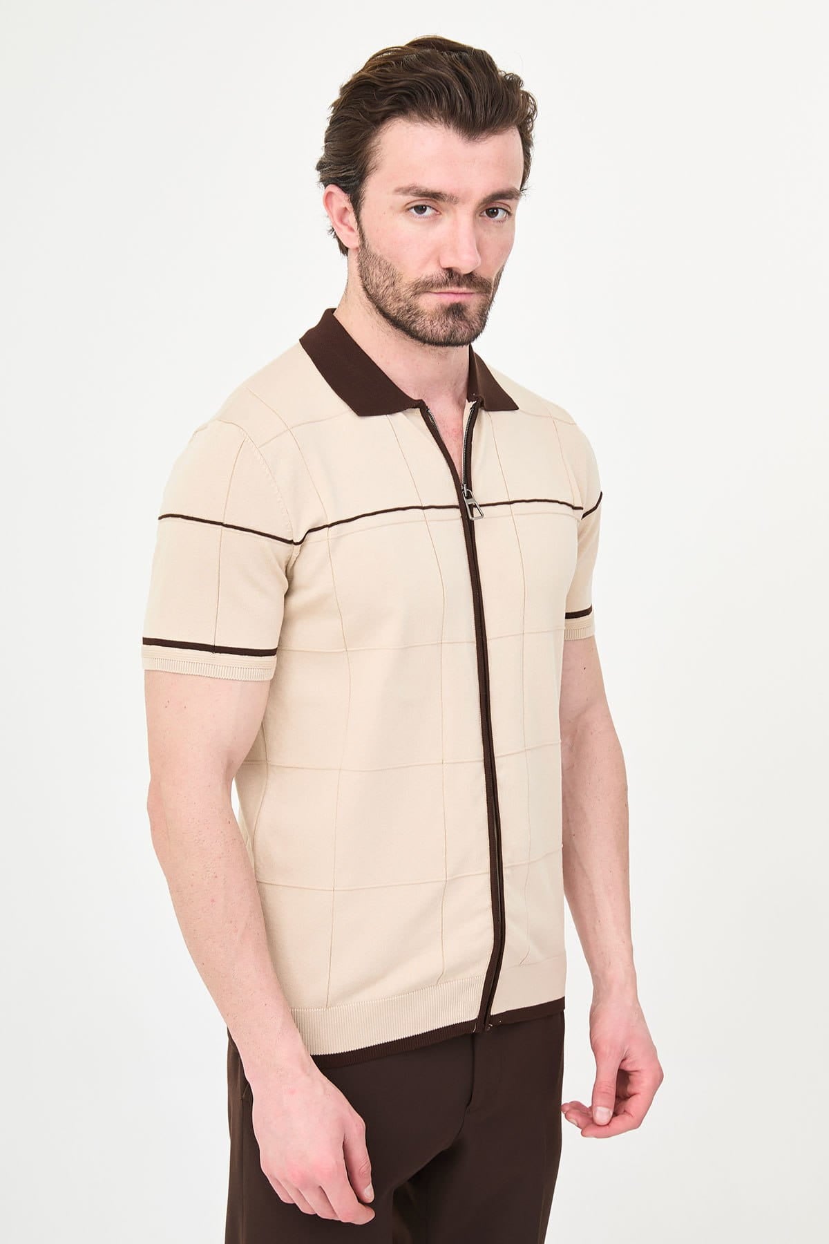Men’s Beige Zip-Up Knit Polo Shirt