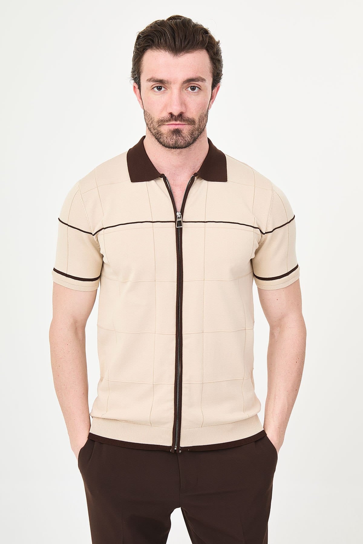 Men’s Beige Zip-Up Knit Polo Shirt