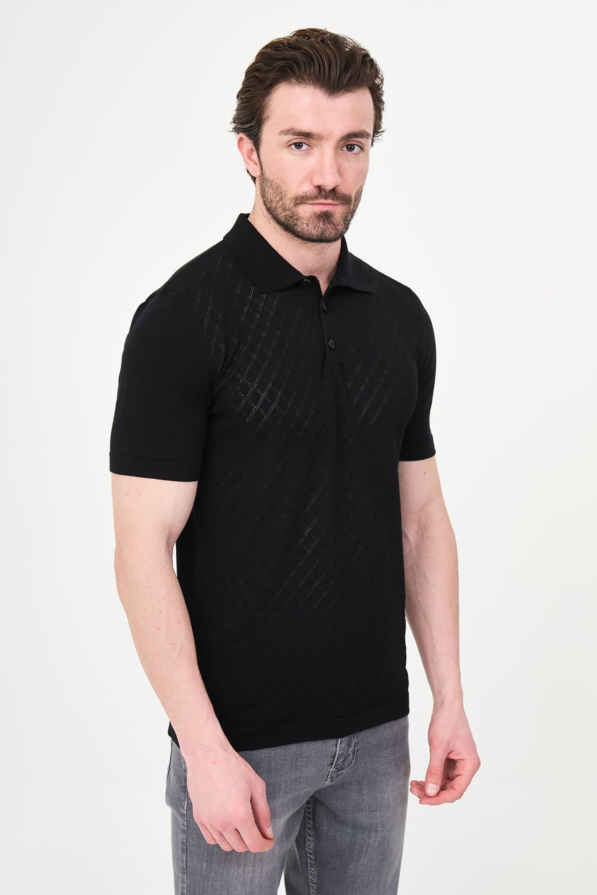 Men’s Black Diamond Textured Polo T-Shirt