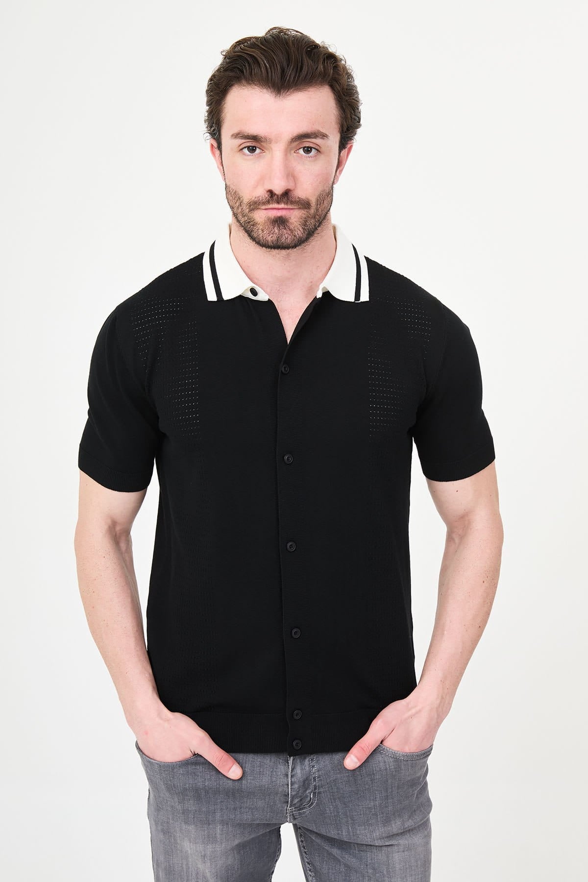 Men’s Black Knit Button-Up Polo Shirt
