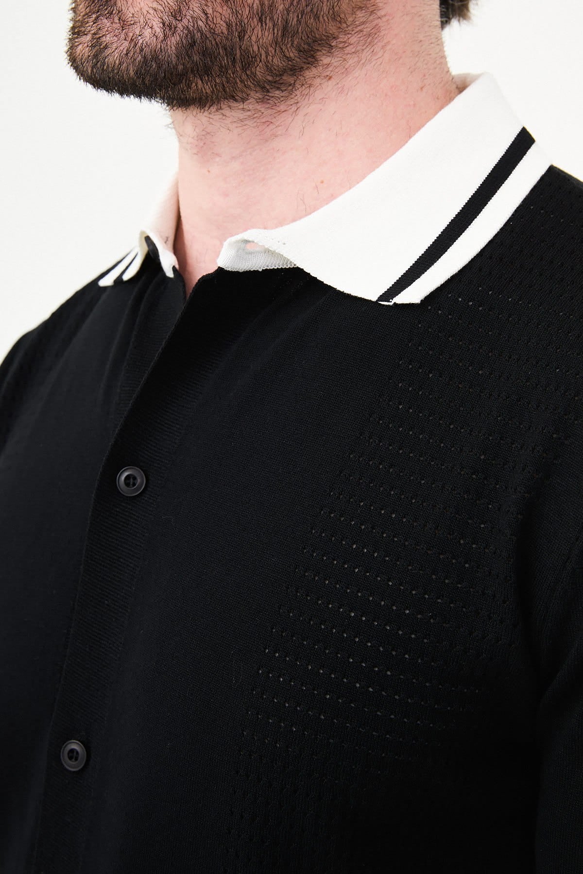 Men’s Black Knit Button-Up Polo Shirt