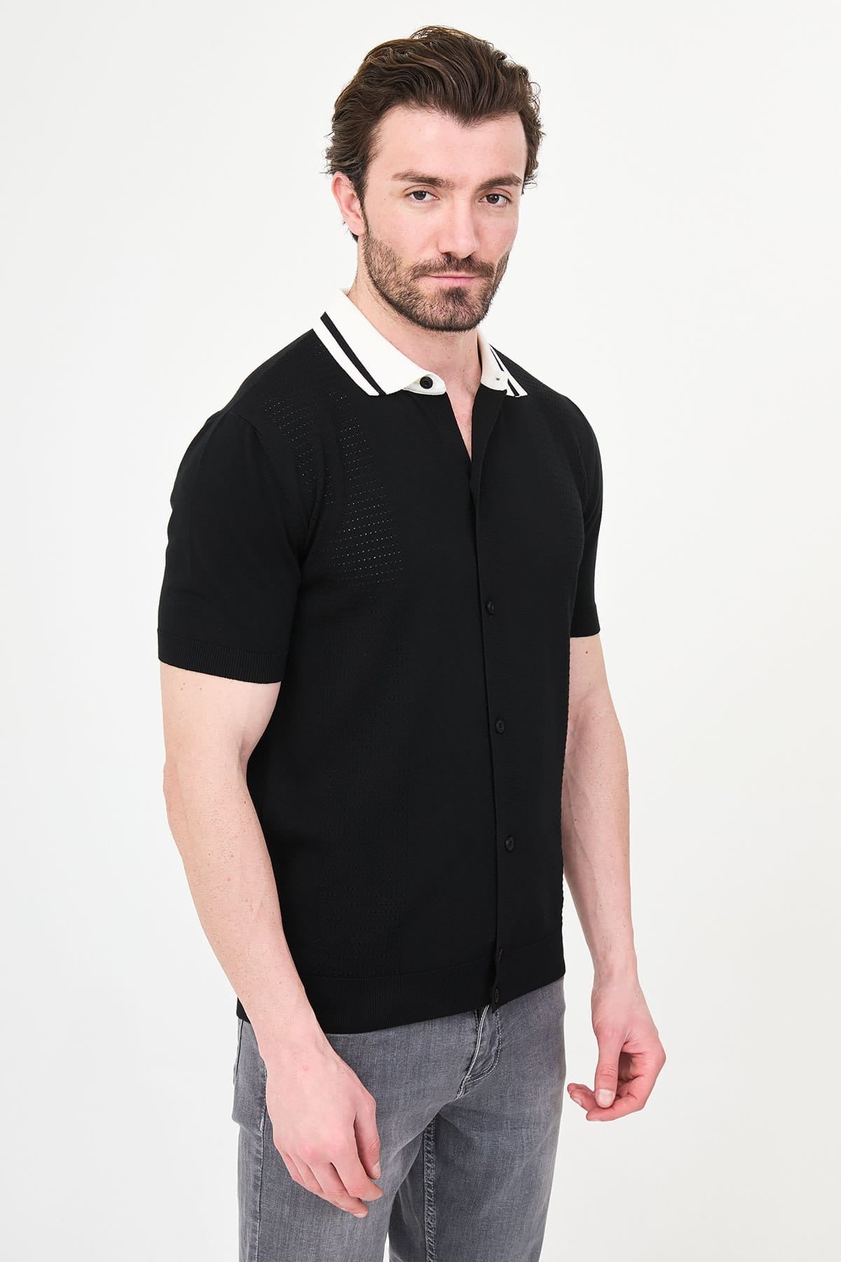 Men’s Black Knit Button-Up Polo Shirt