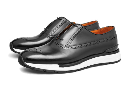 Men’s Black Leather Brogue Slip-On Sneakers