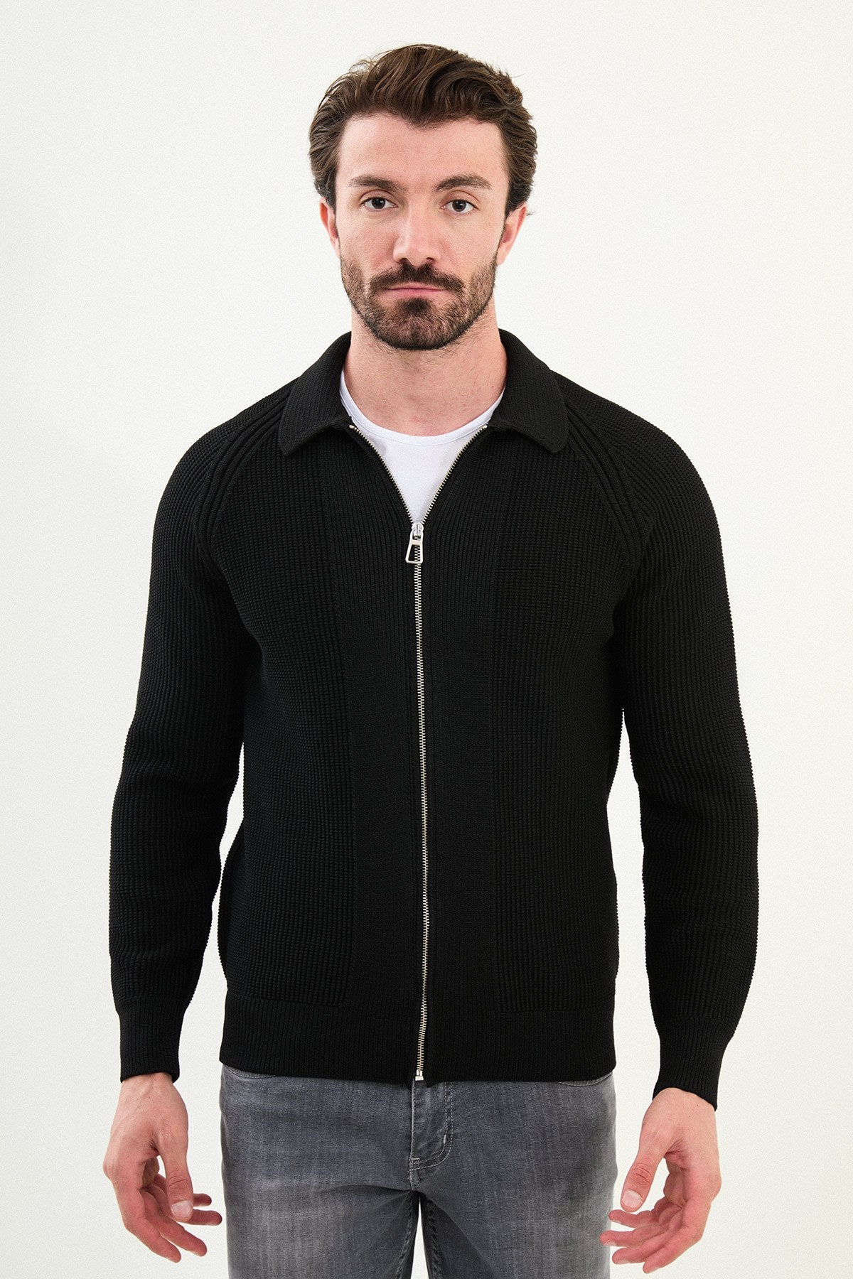 Men’s Black Ribbed Slim Fit Zip-Up Knitwear Cardigan Sweater
