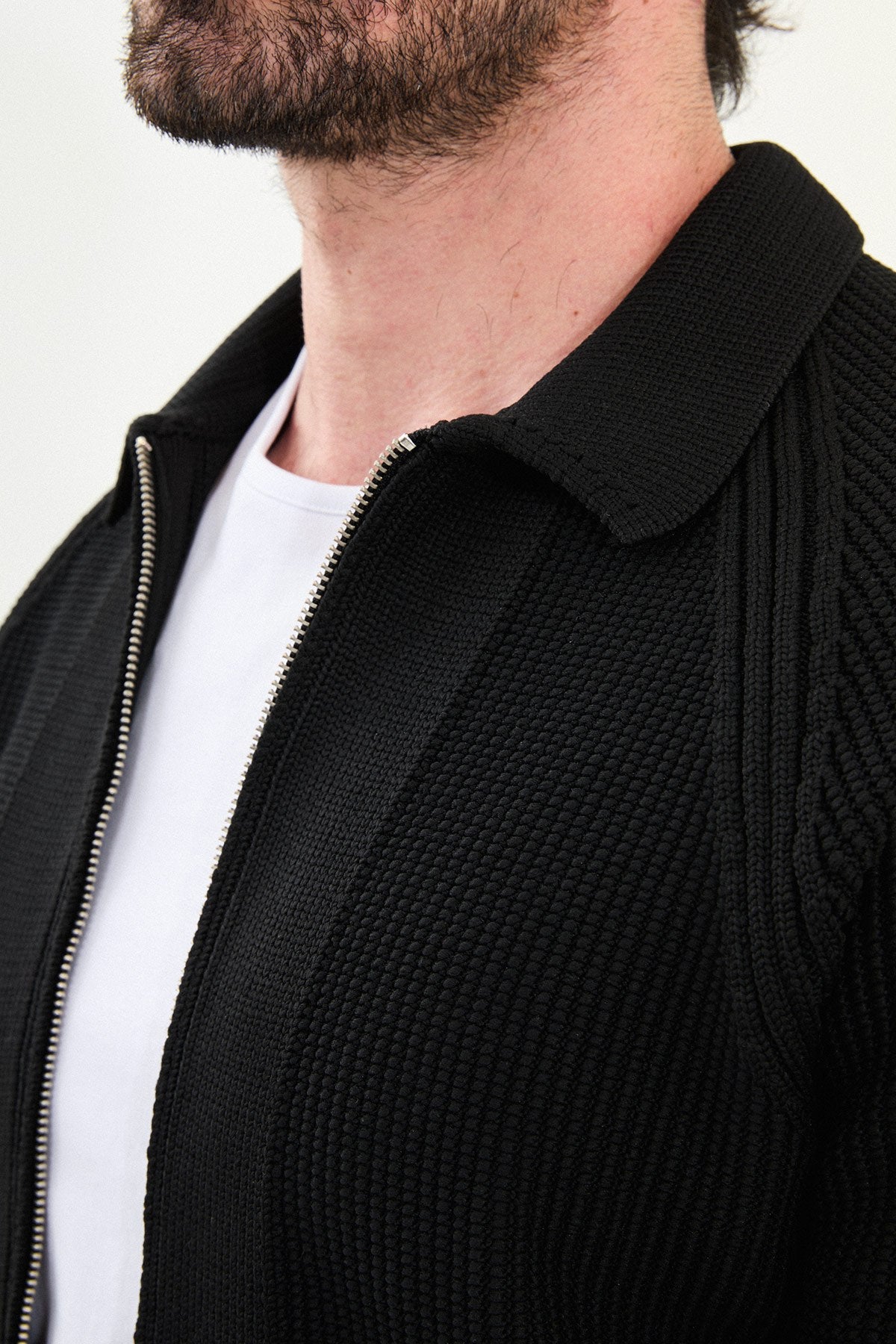 Men’s Black Ribbed Slim Fit Zip-Up Knitwear Cardigan Sweater