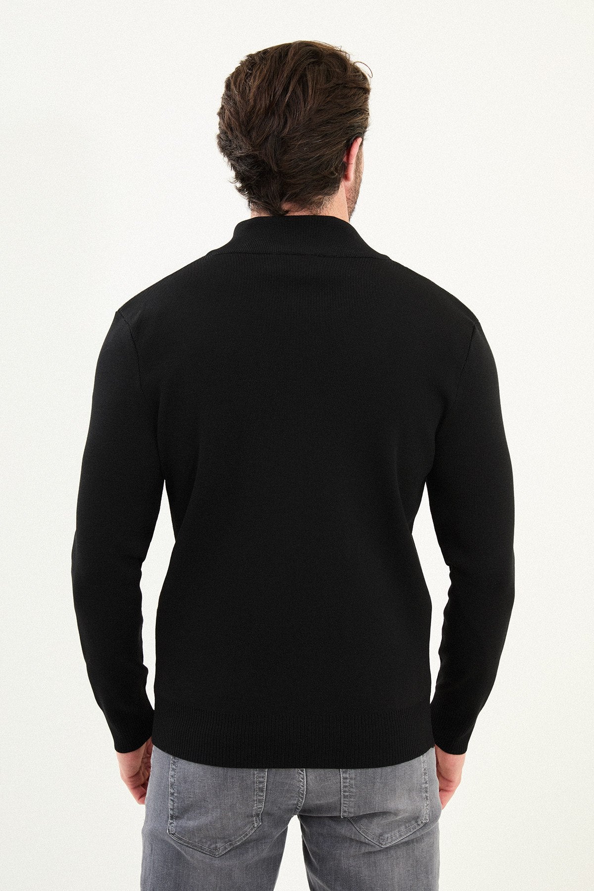 Men’s Black Stand Collar Zip Knit Jacket