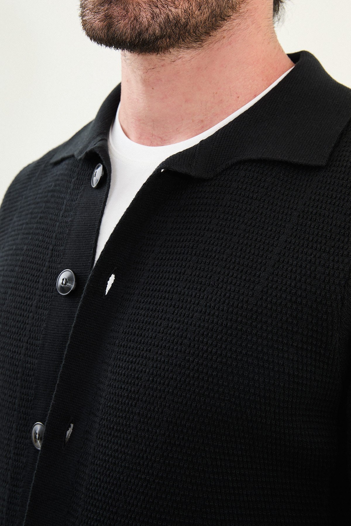 Men’s Black Textured Button-Up Knit Cardigan