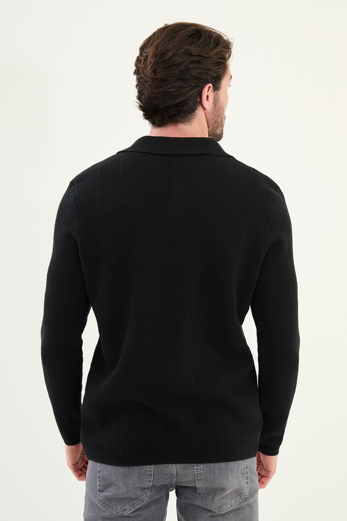 Men’s Black Textured Button-Up Knit Cardigan