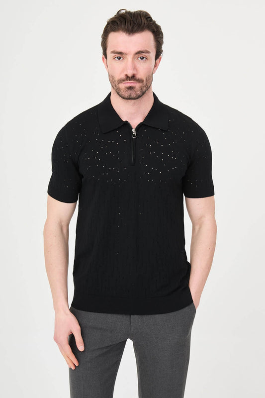 Men’s Black Textured Zip Polo T-Shirt