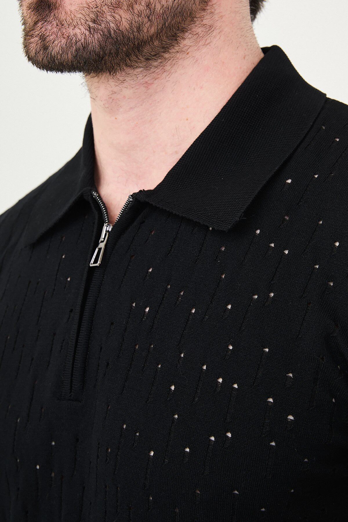 Men’s Black Textured Zip Polo T-Shirt