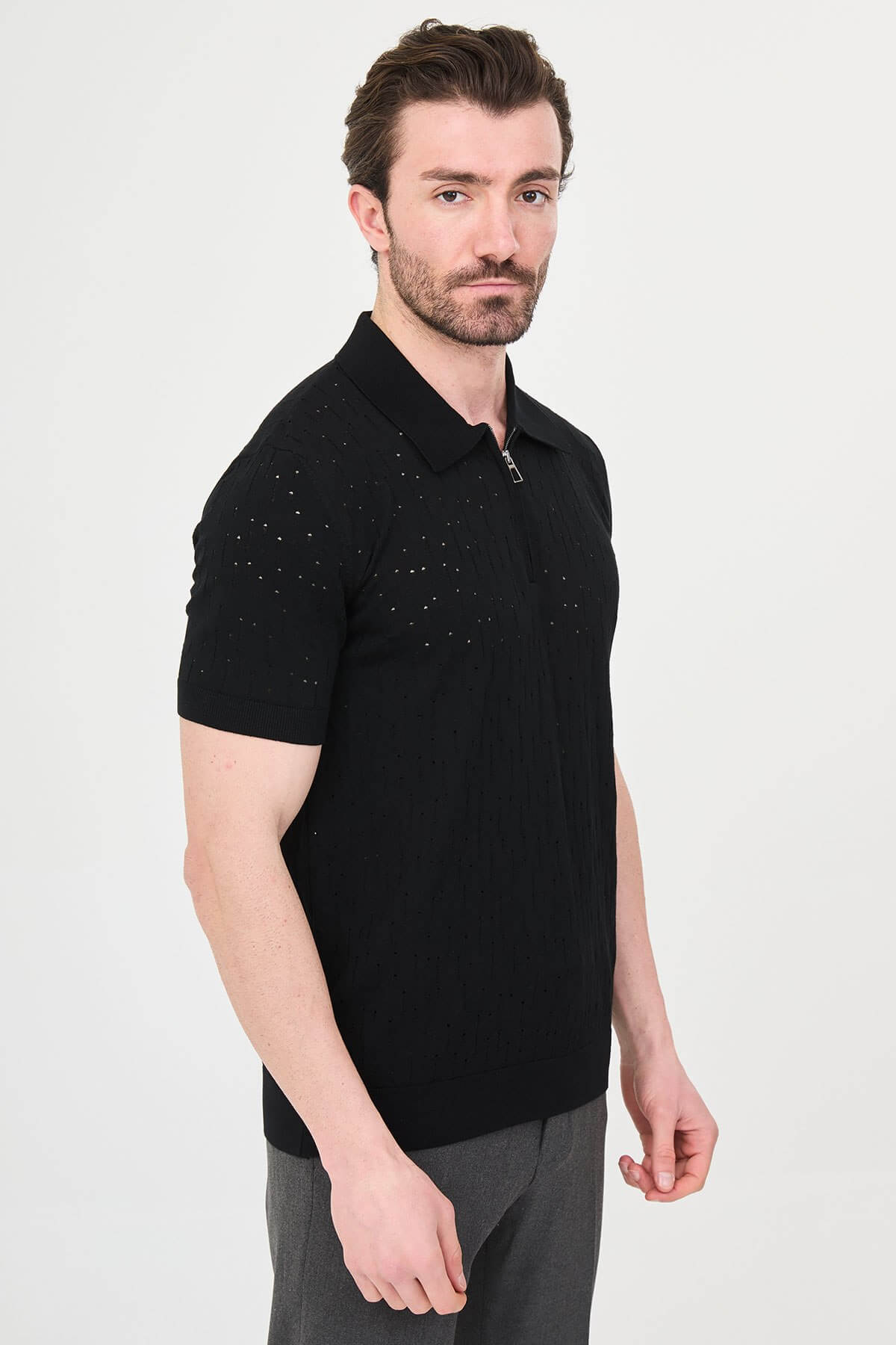 Men’s Black Textured Zip Polo T-Shirt
