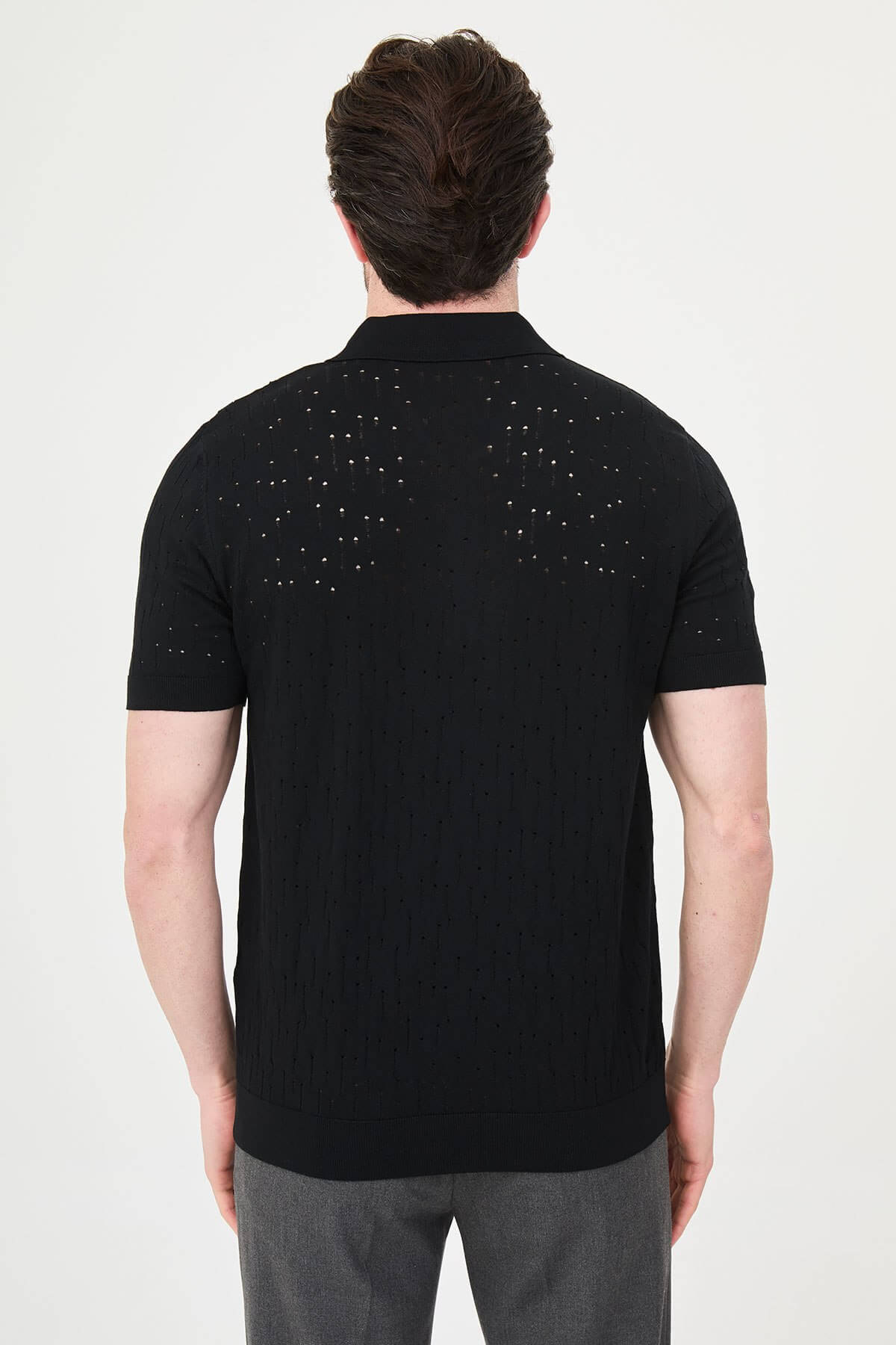 Men’s Black Textured Zip Polo T-Shirt