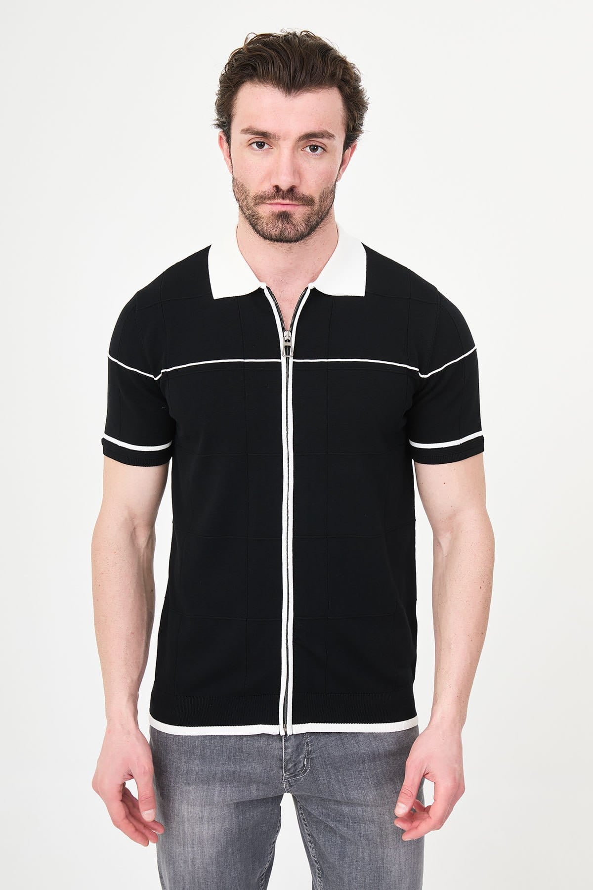 Men’s Black Zip-Up Knit Polo Shirt