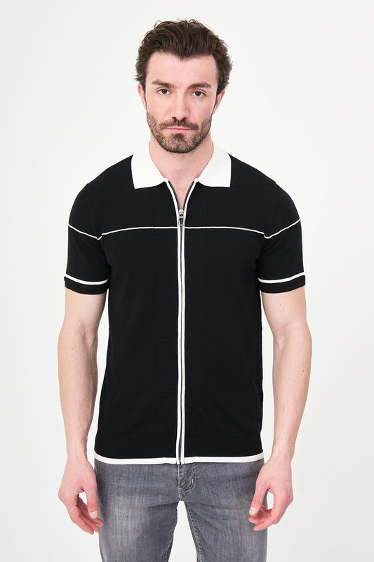 Men’s Black Zip-Up Knit Polo Shirt