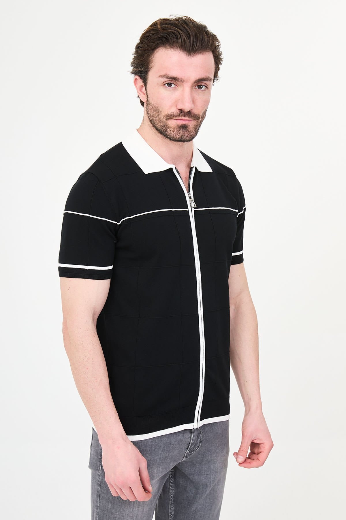 Men’s Black Zip-Up Knit Polo Shirt