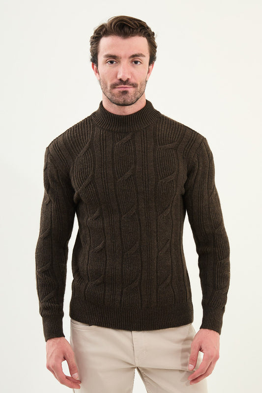 Men’s Brown Cable Knit Slim Fit Sweater