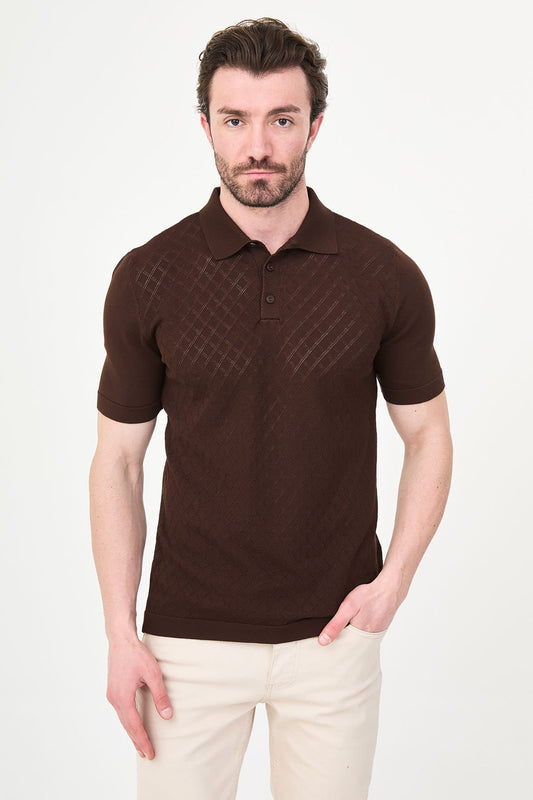 Men’s Brown Diamond Textured Polo T-Shirt