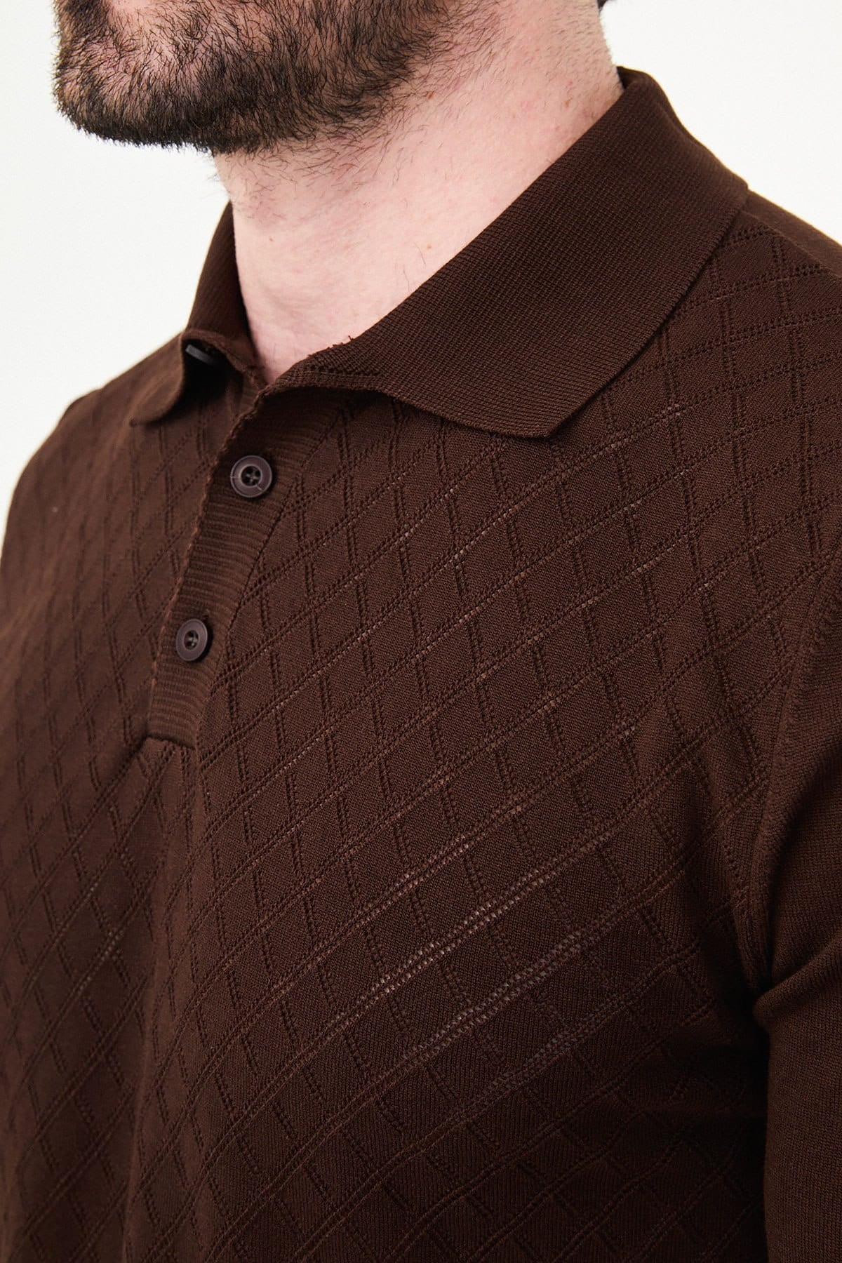 Men’s Brown Diamond Textured Polo T-Shirt