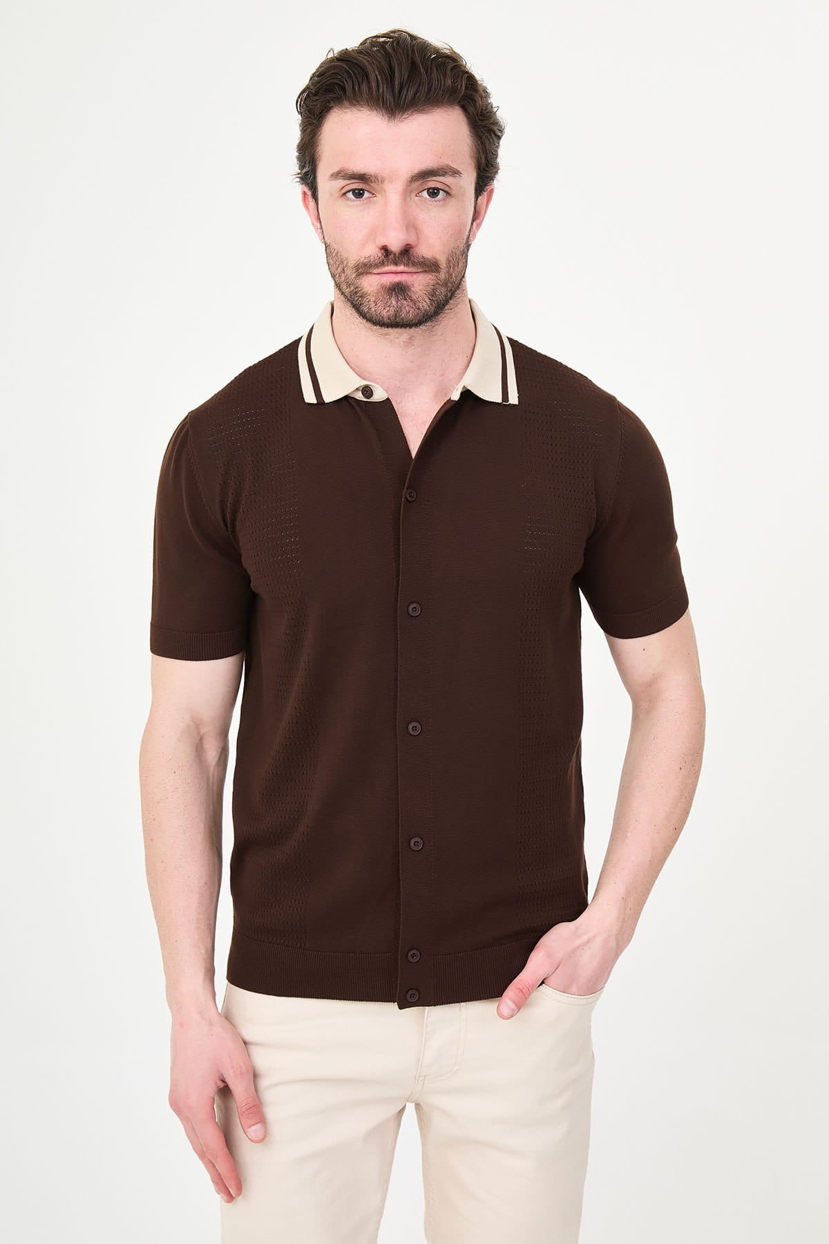 Men’s Brown Knit Button-Up Polo Shirt