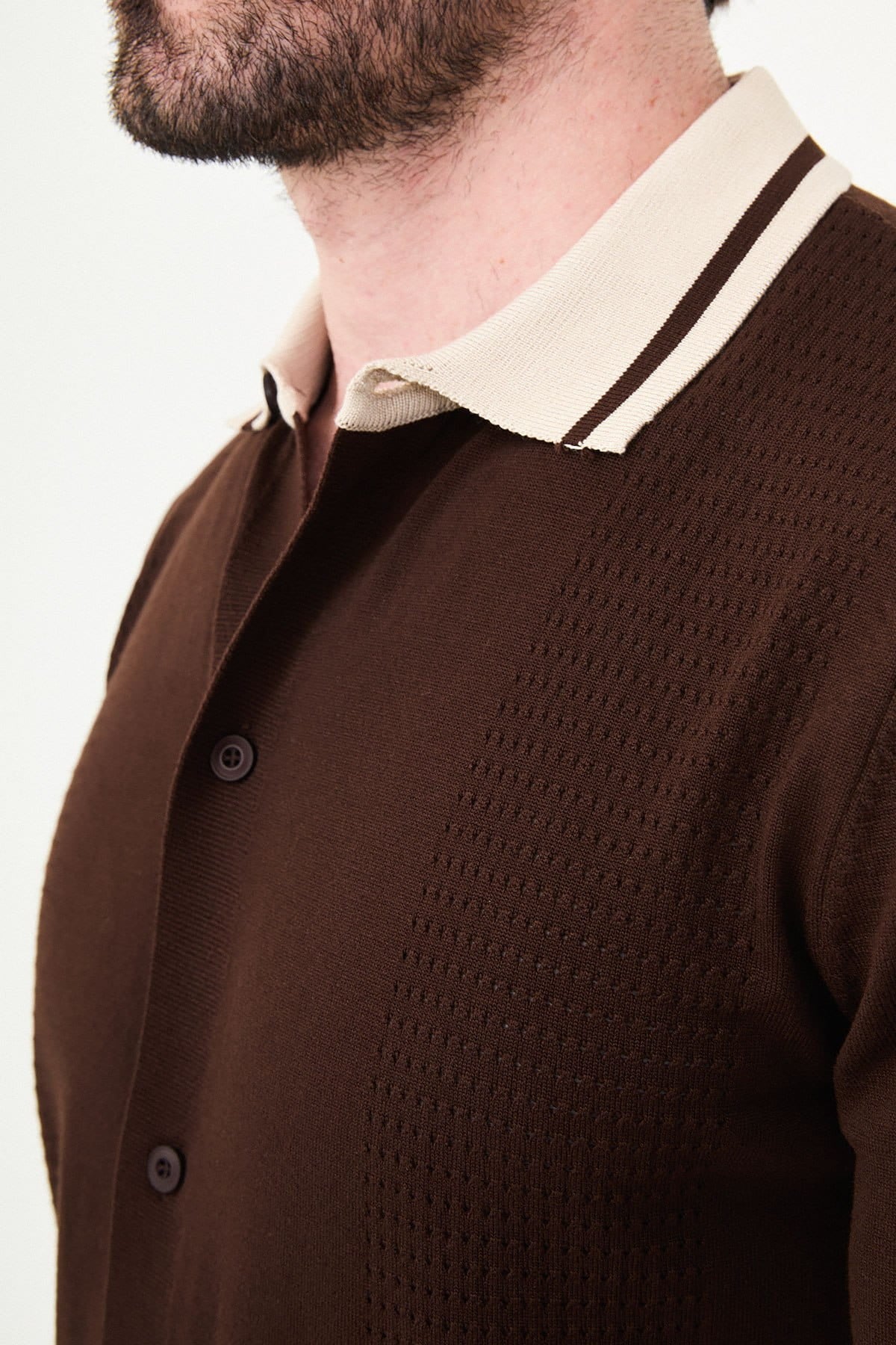 Men’s Brown Knit Button-Up Polo Shirt