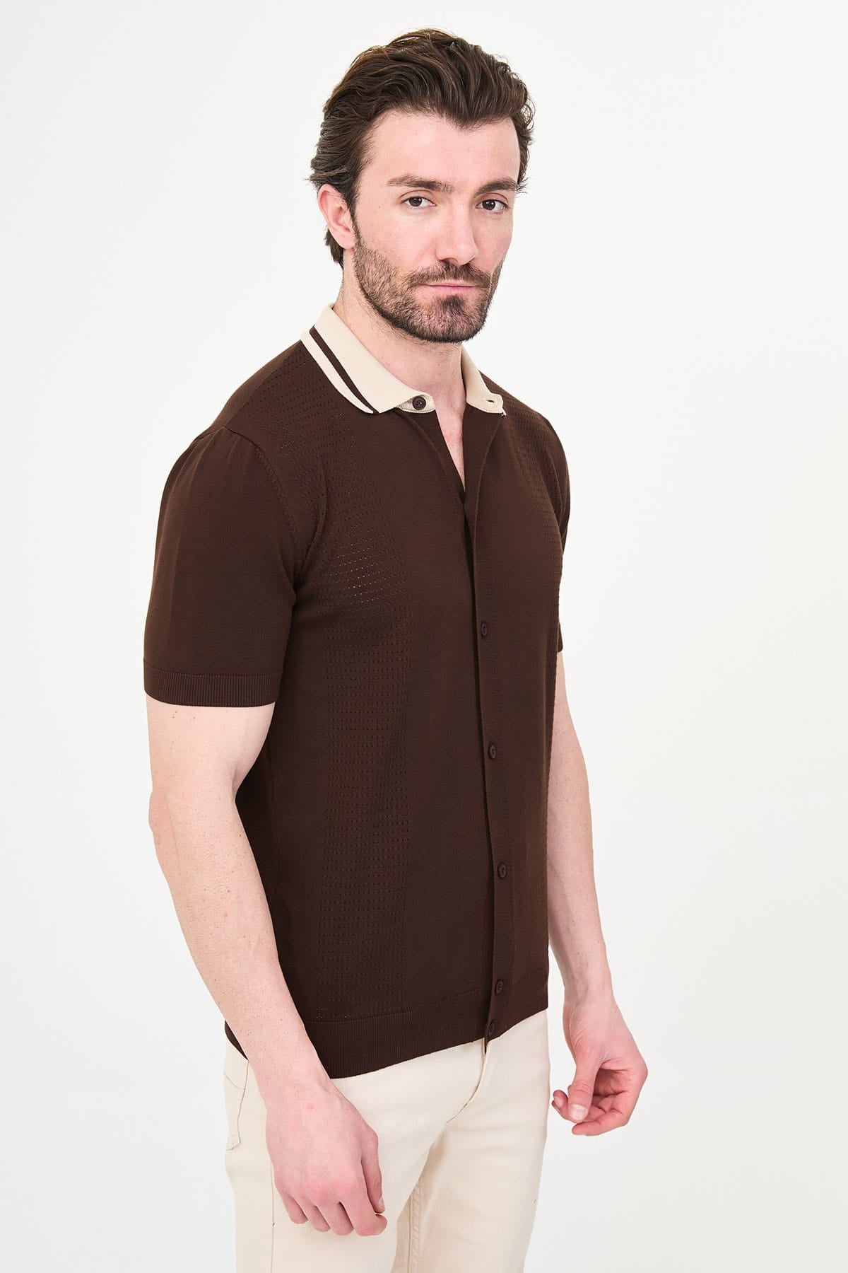 Men’s Brown Knit Button-Up Polo Shirt