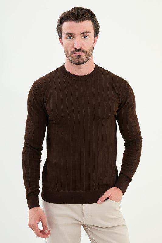 Men’s Brown Ribbed Slim Fit Knitwear Sweater