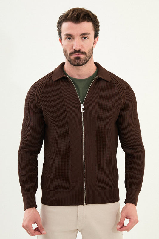 Men’s Brown Ribbed Slim Fit Zip-Up Knitwear Cardigan Sweater