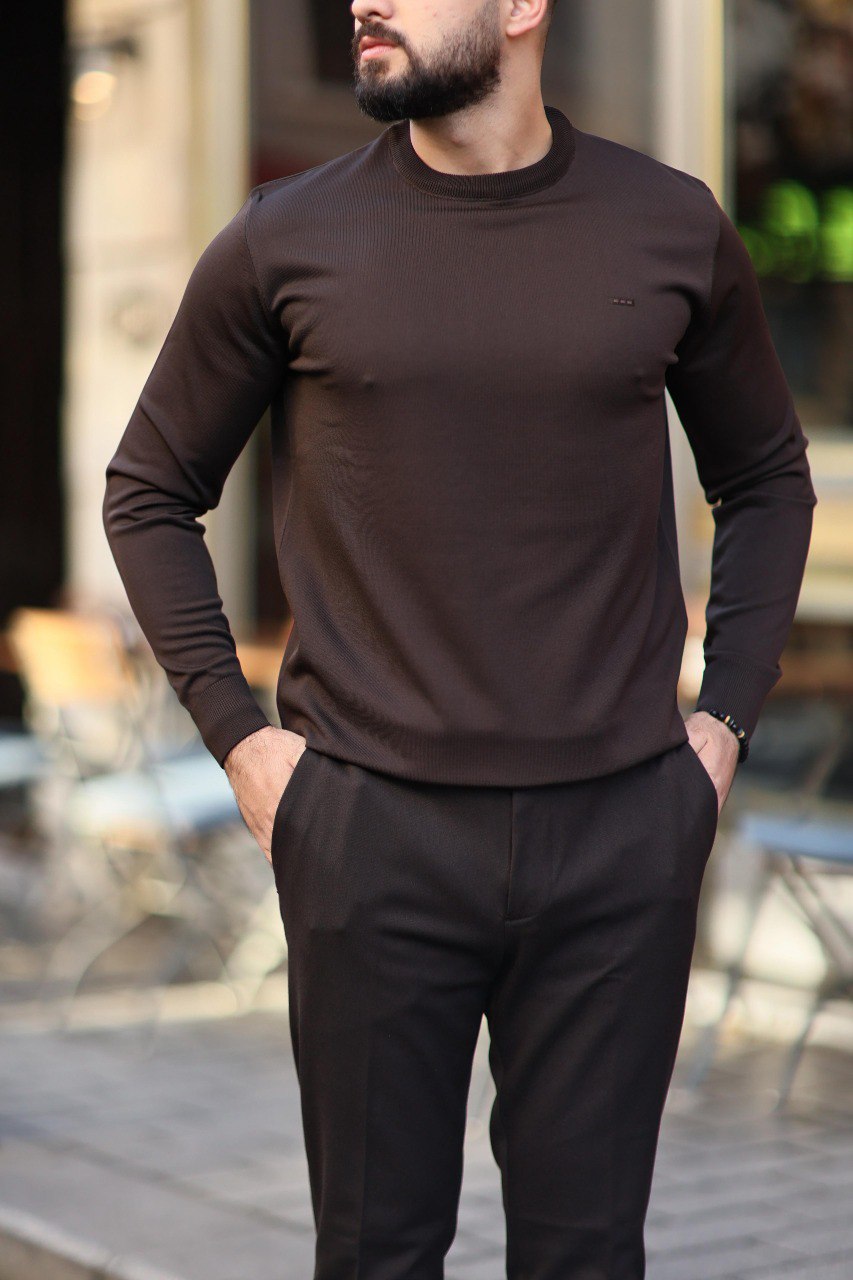 Men’s Brown Slim Fit Crew Neck Knitwear Sweater