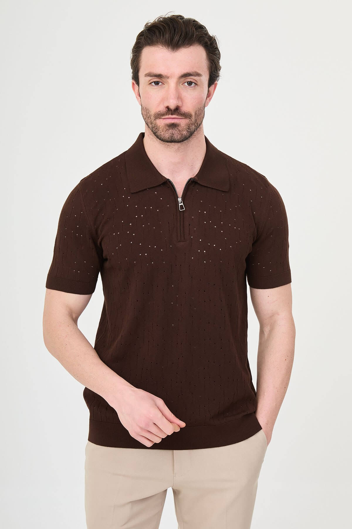 Men’s Brown Textured Zip Polo T-Shirt