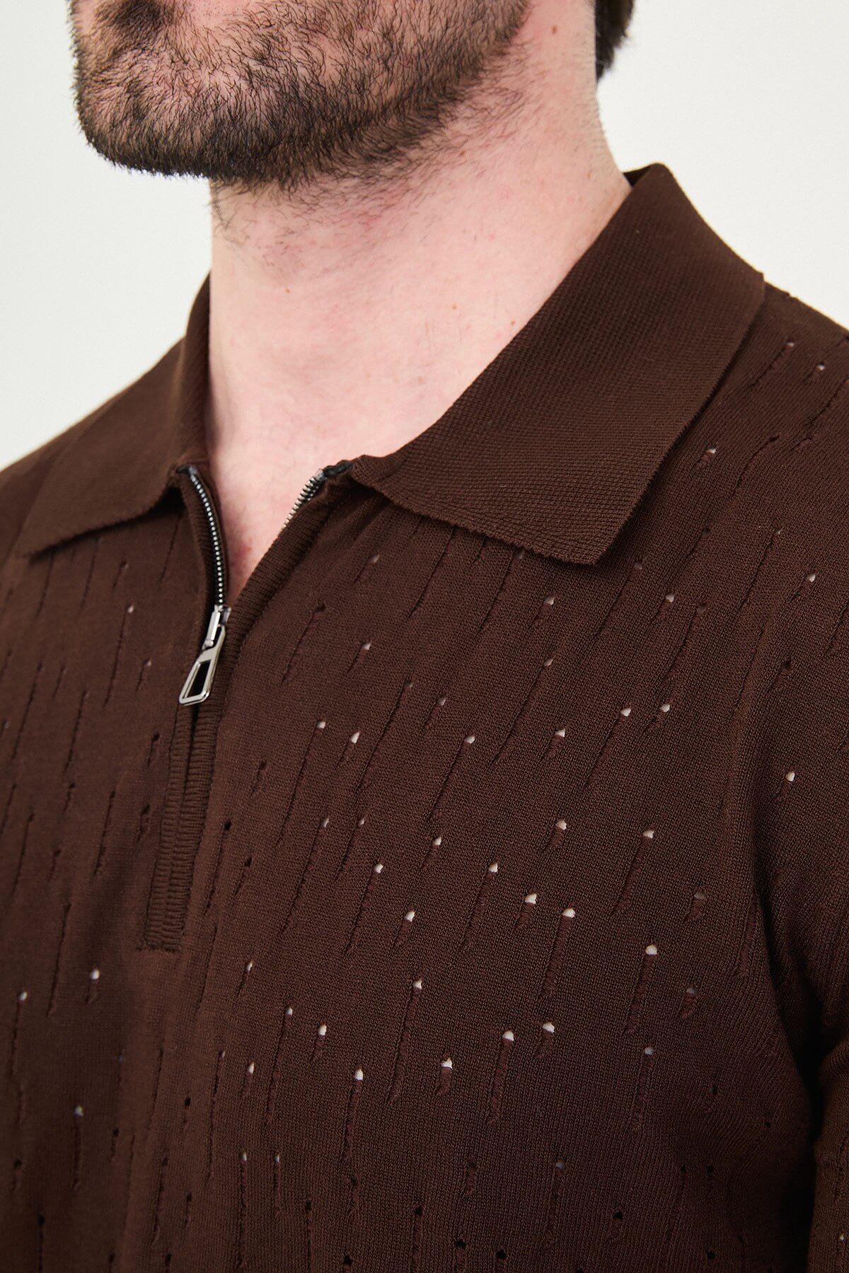 Men’s Brown Textured Zip Polo T-Shirt