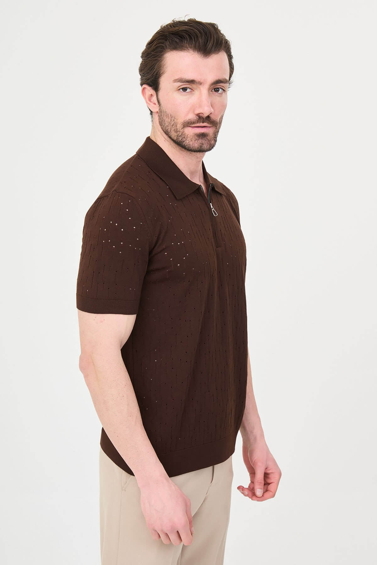 Men’s Brown Textured Zip Polo T-Shirt