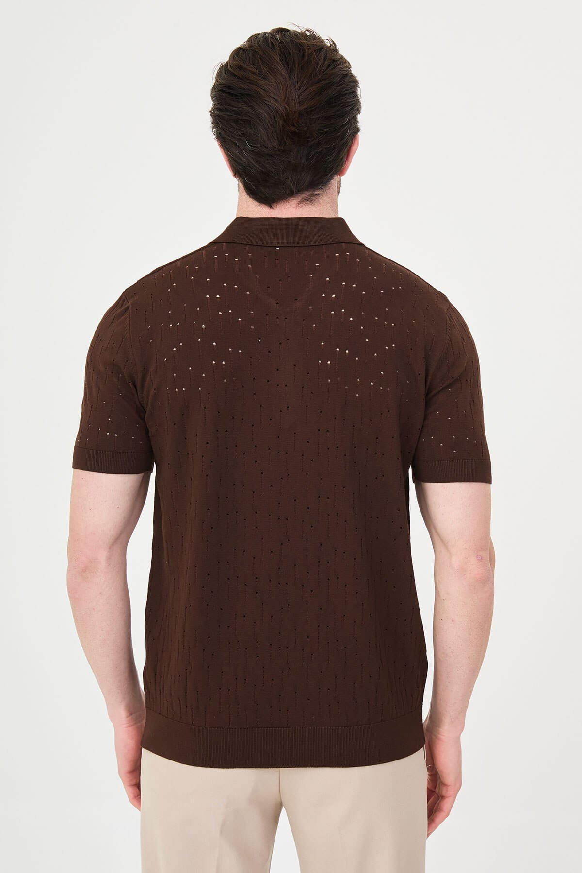 Men’s Brown Textured Zip Polo T-Shirt