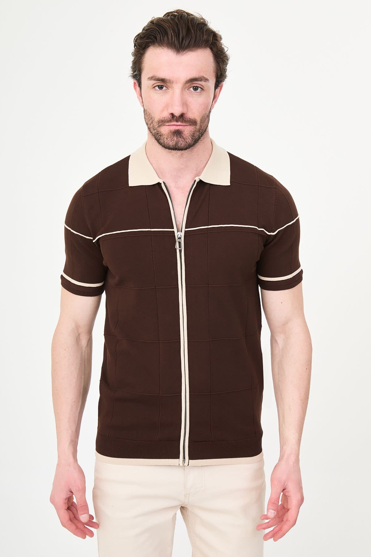 Men’s Brown Zip-Up Knit Polo Shirt